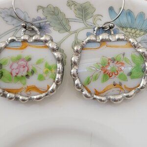 Vintage Hand Painted Flowers Broken China Soldered Earrings